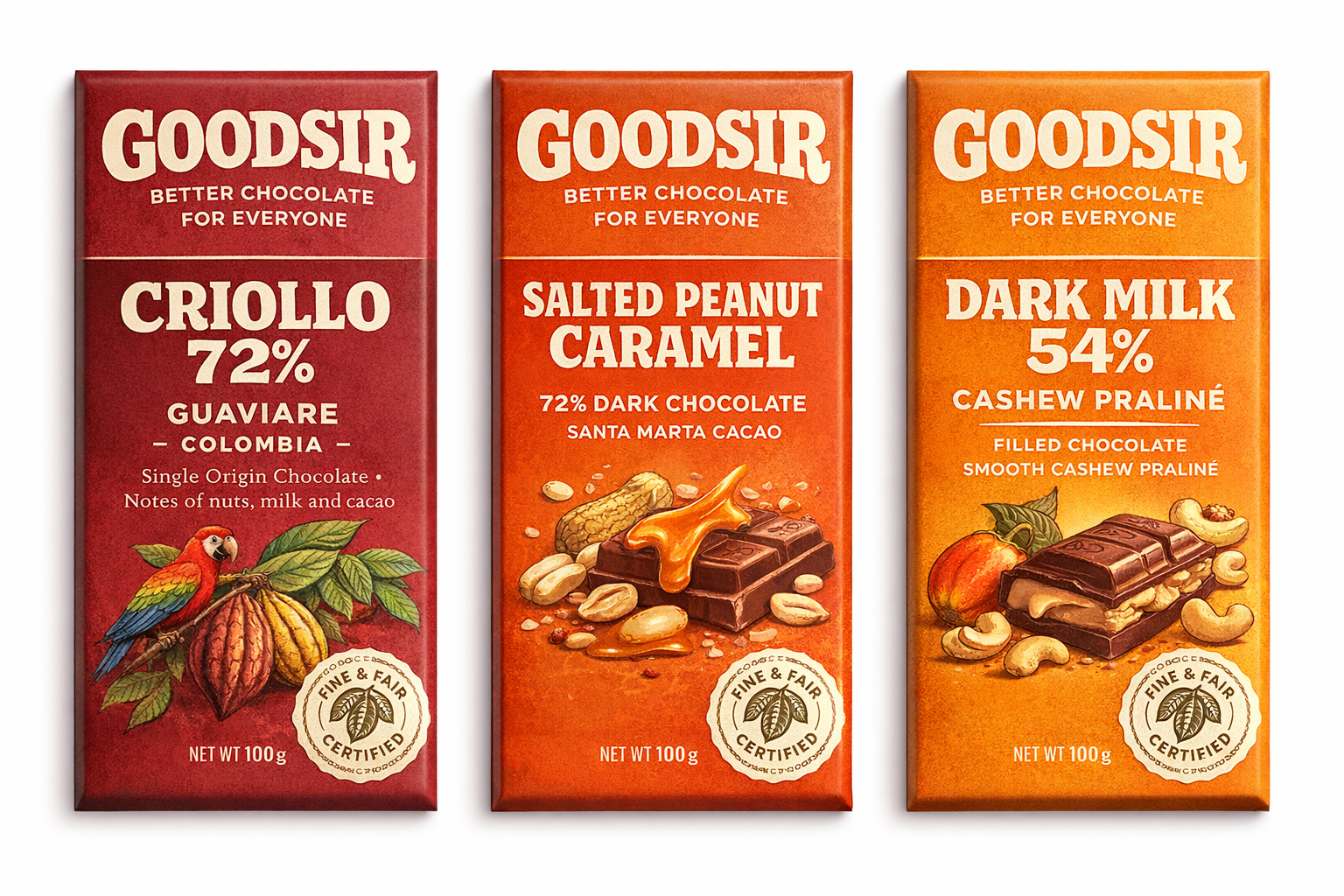 Goodsir chocolate bars — Criollo 72%, Salted Peanut Caramel, Dark Milk 54%